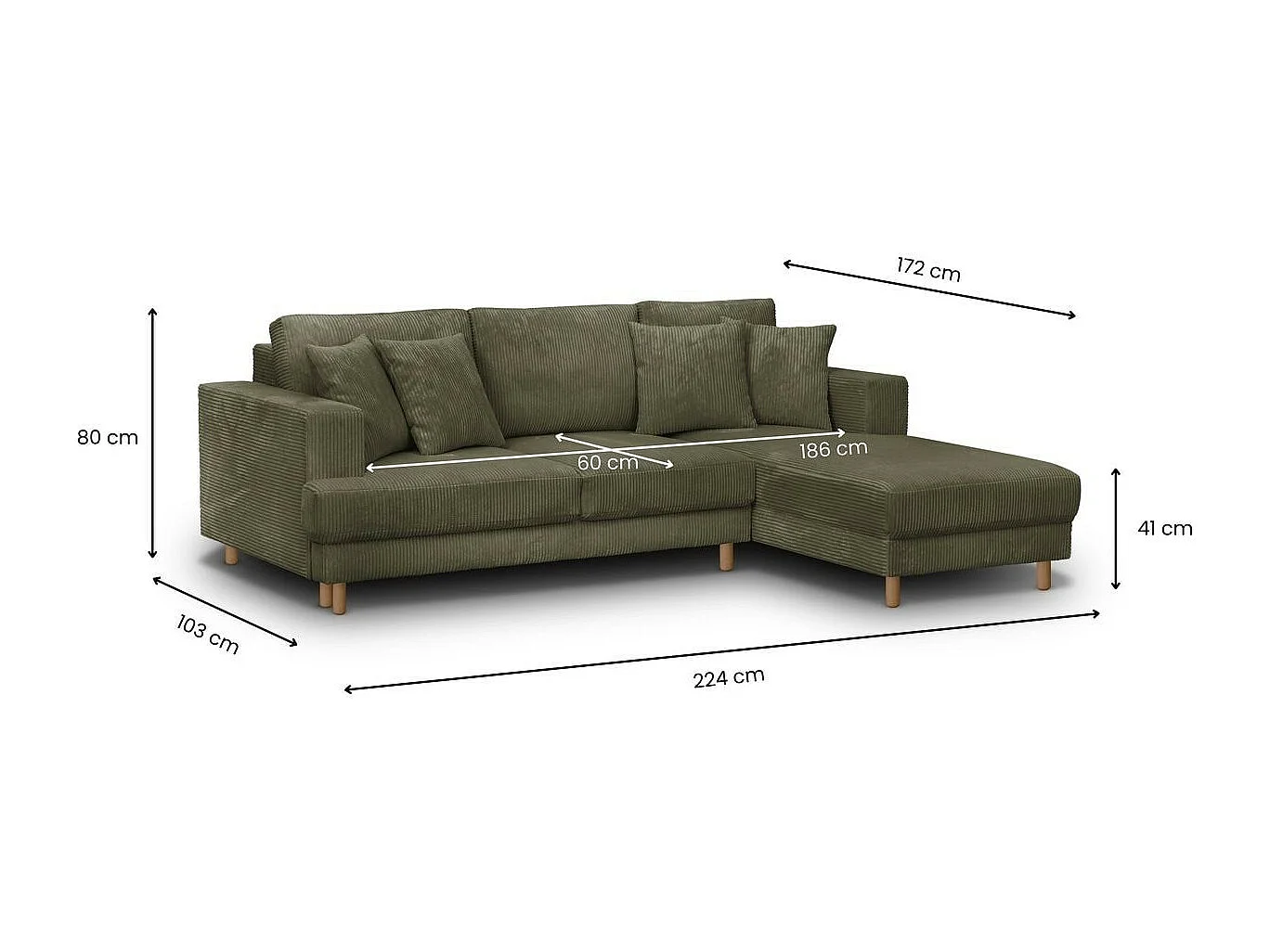 Canapé d'angle à droite convertible 4 places en velours côtelé vert kaki - Marceau