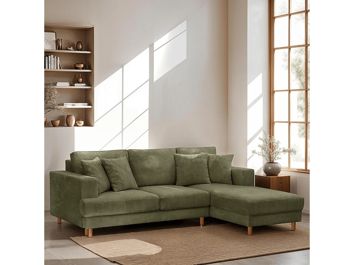 Canapé d'angle à droite convertible 4 places en velours côtelé vert kaki - Marceau