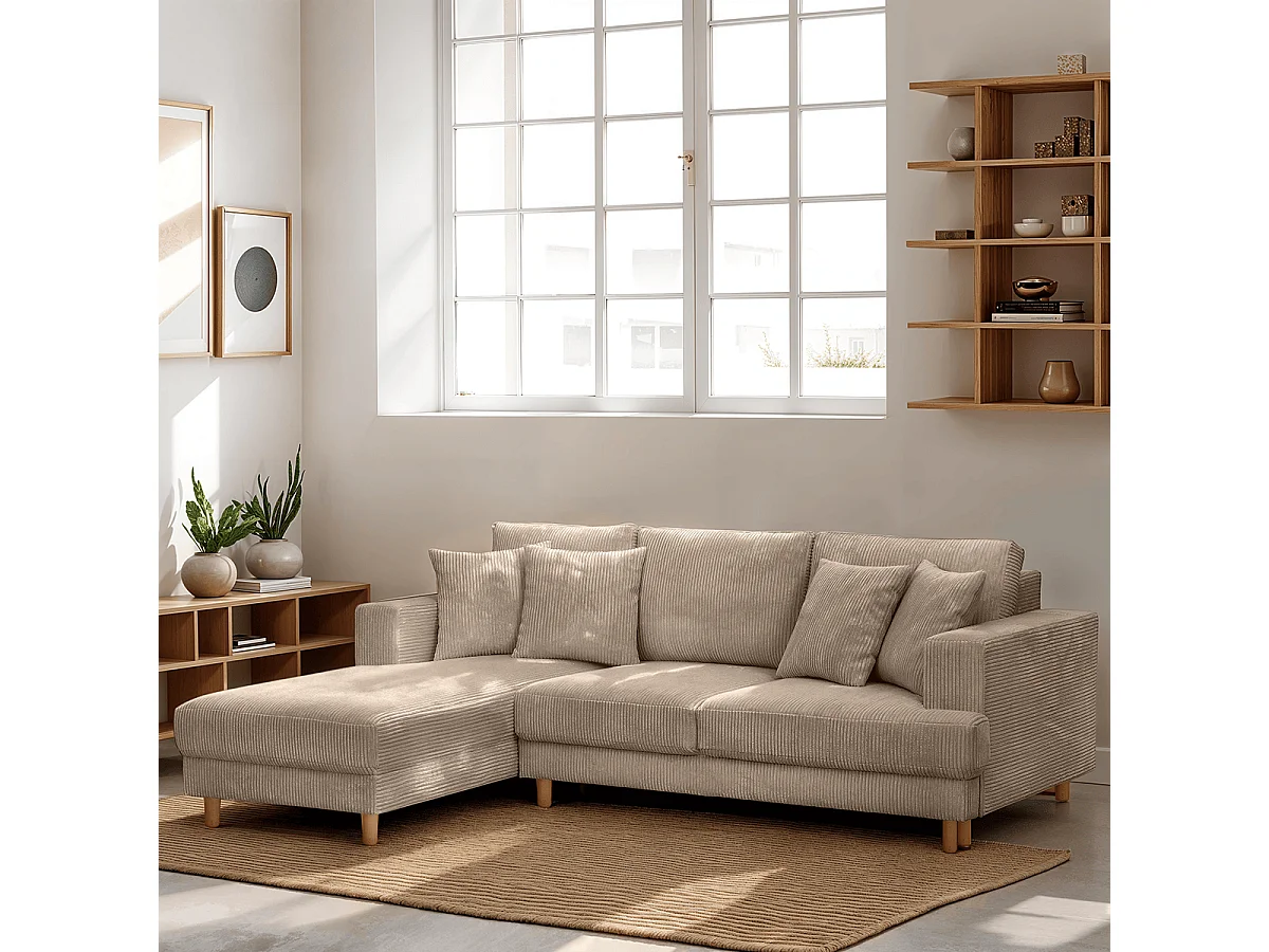 Canapé d'angle à gauche convertible 4 places en velours côtelé taupe - Marceau