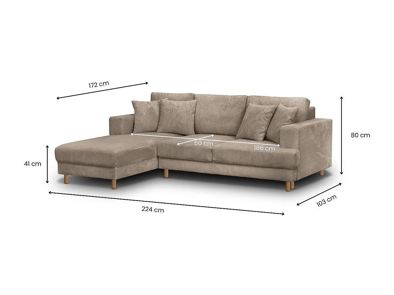 Canapé d'angle à gauche convertible 4 places en velours côtelé taupe - Marceau