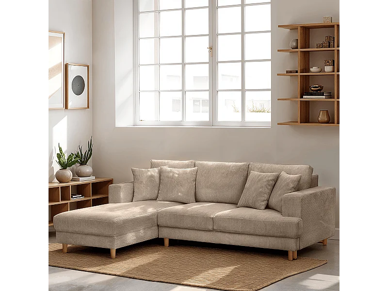 Canapé d'angle à gauche convertible 4 places en velours côtelé taupe - Marceau