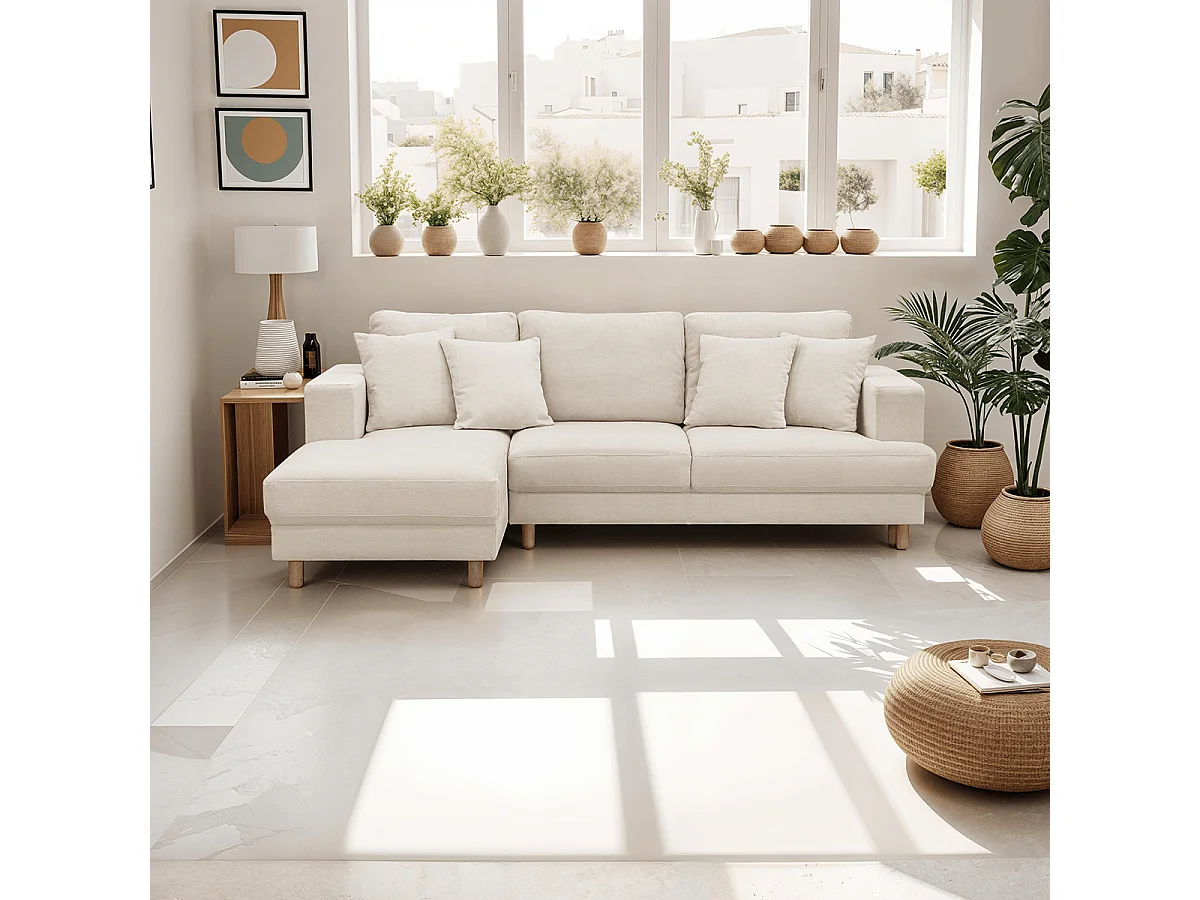 Canapé d'angle à gauche convertible 4 places en tissu chenille beige - Marceau