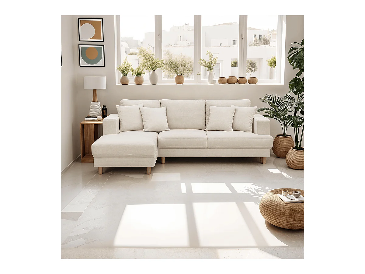 Canapé d'angle à gauche convertible 4 places en tissu chenille beige - Marceau