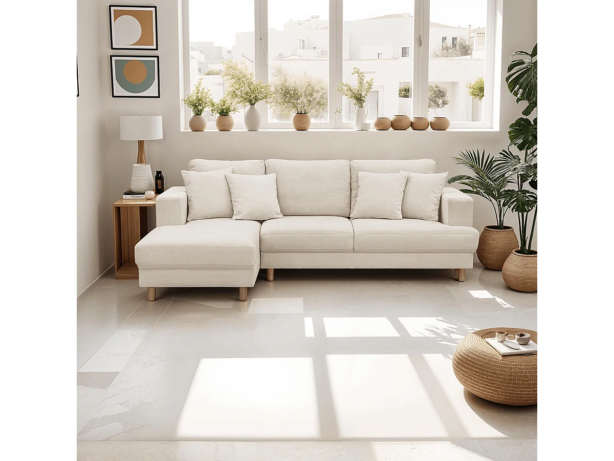 Canapé d'angle à gauche convertible 4 places en tissu chenille beige - Marceau