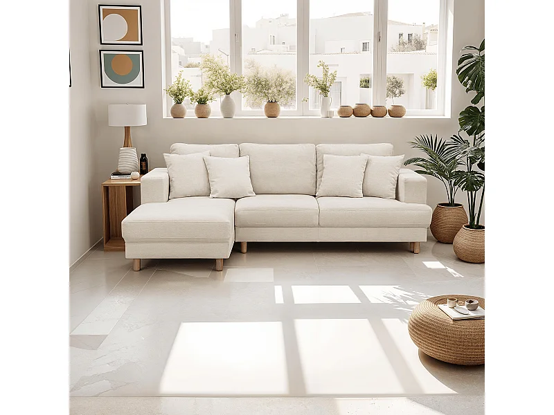 Canapé d'angle à gauche convertible 4 places en tissu chenille beige - Marceau