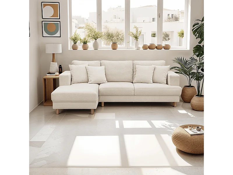 Canapé d'angle à gauche convertible 4 places en tissu chenille beige - Marceau