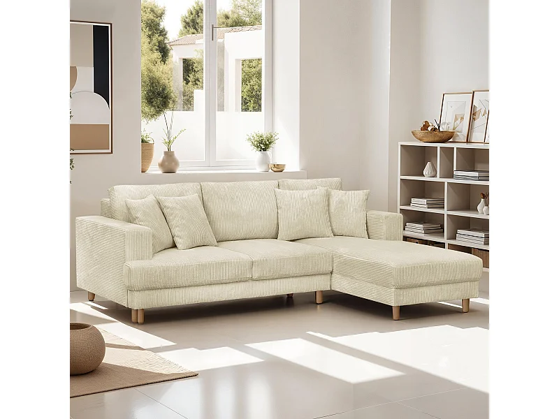 Canapé d'angle à droite convertible 4 places en velours côtelé beige - Marceau
