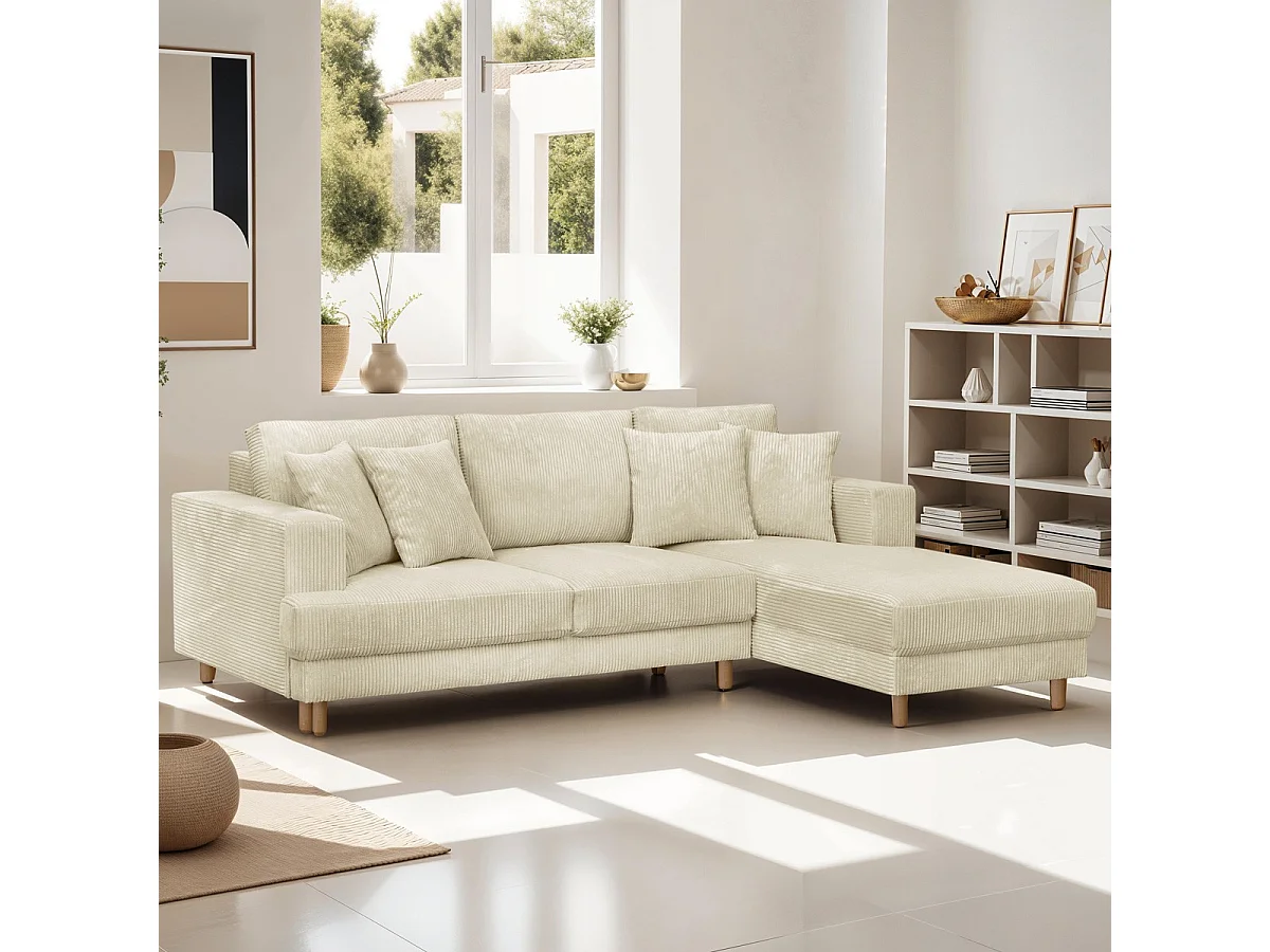 Canapé d'angle à droite convertible 4 places en velours côtelé beige - Marceau