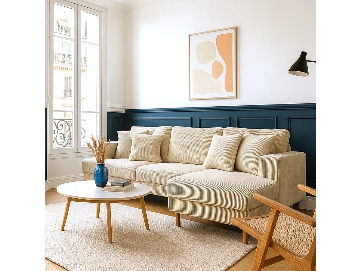 Canapé d'angle à droite convertible 4 places en velours côtelé beige - Marceau