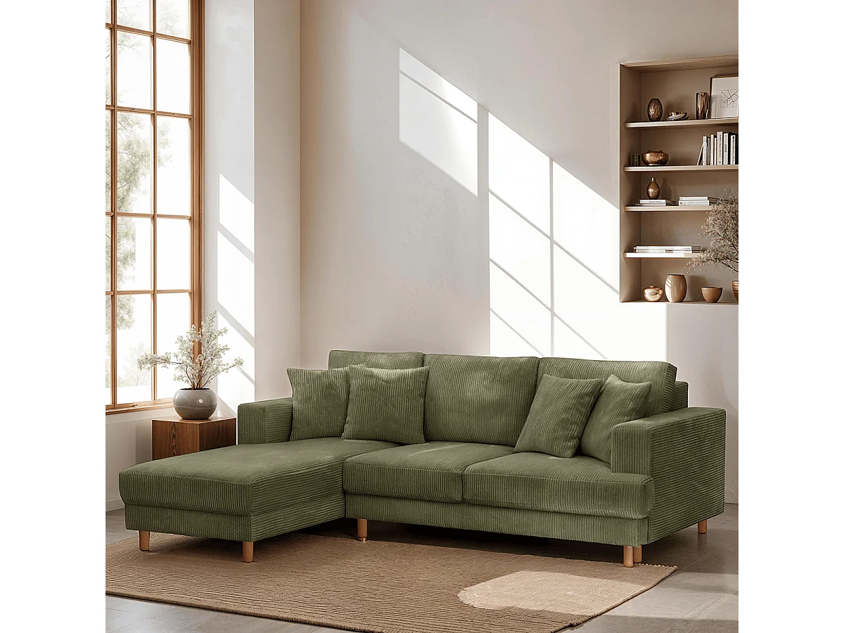 Canapé d'angle à gauche convertible 4 places en velours côtelé vert kaki - Marceau