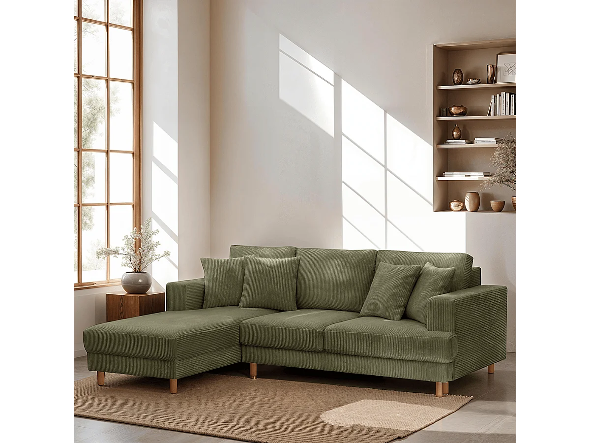 Canapé d'angle à gauche convertible 4 places en velours côtelé vert kaki - Marceau