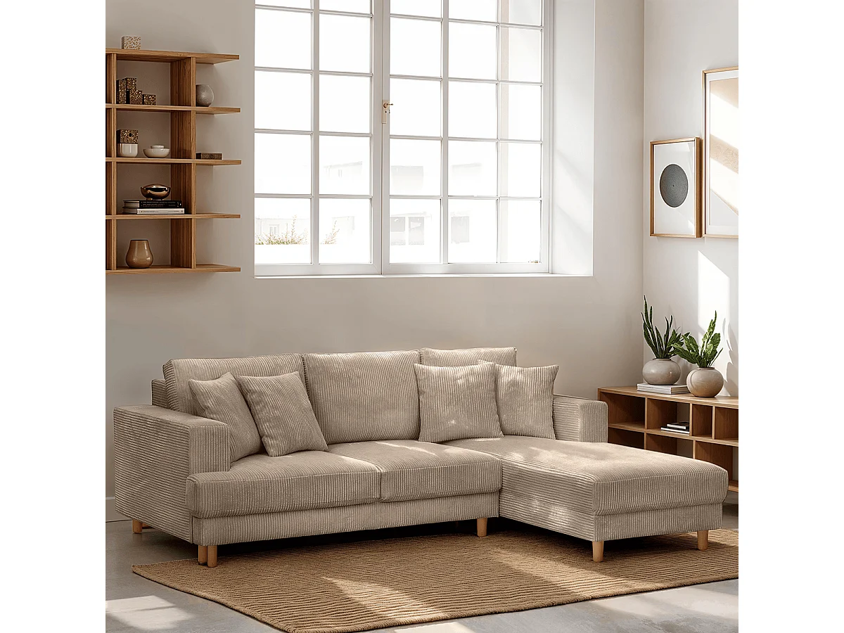 Canapé d'angle à droite convertible 4 places en velours côtelé taupe - Marceau