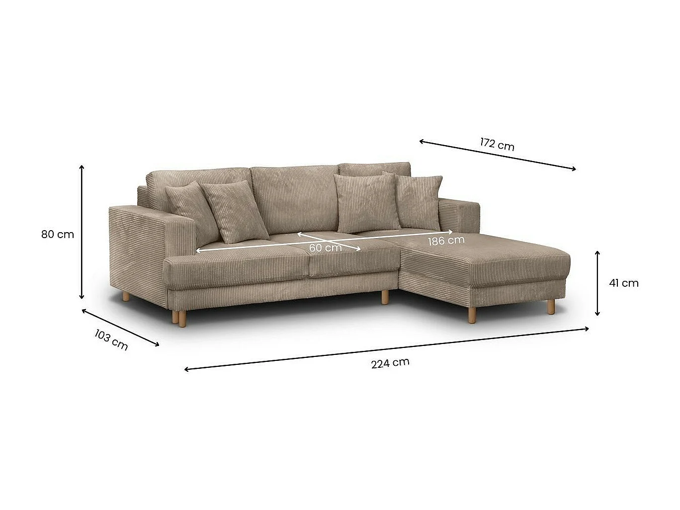 Canapé d'angle à droite convertible 4 places en velours côtelé taupe - Marceau