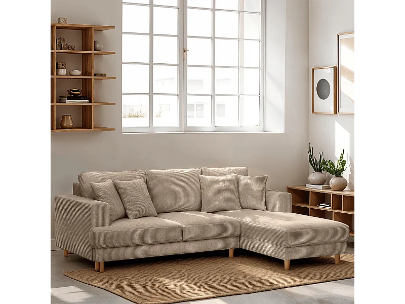 Canapé d'angle à droite convertible 4 places en velours côtelé taupe - Marceau