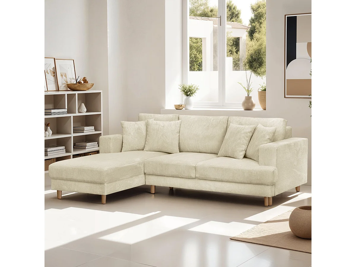 Canapé d'angle à gauche convertible 4 places en velours côtelé beige - Marceau