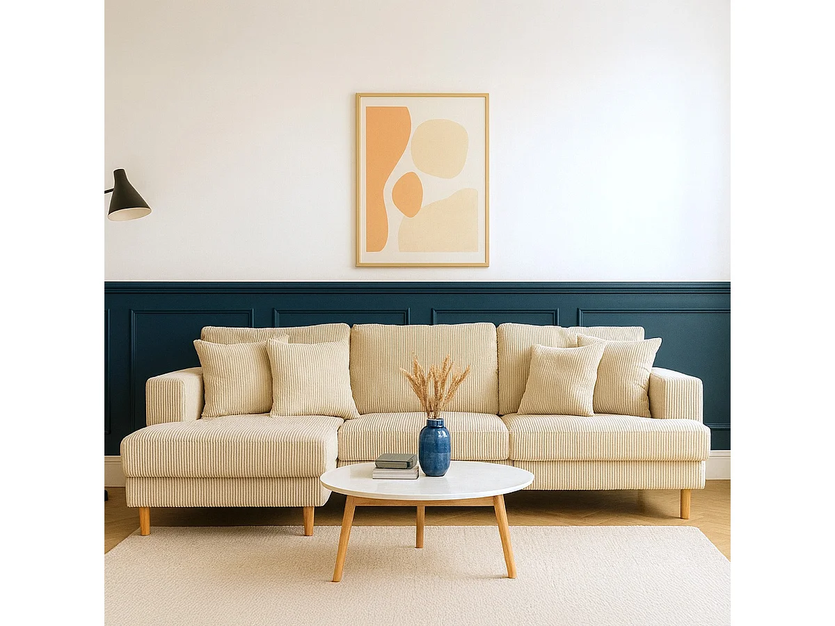 Canapé d'angle à gauche convertible 4 places en velours côtelé beige - Marceau