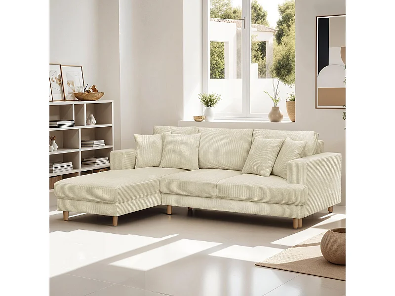 Canapé d'angle à gauche convertible 4 places en velours côtelé beige - Marceau