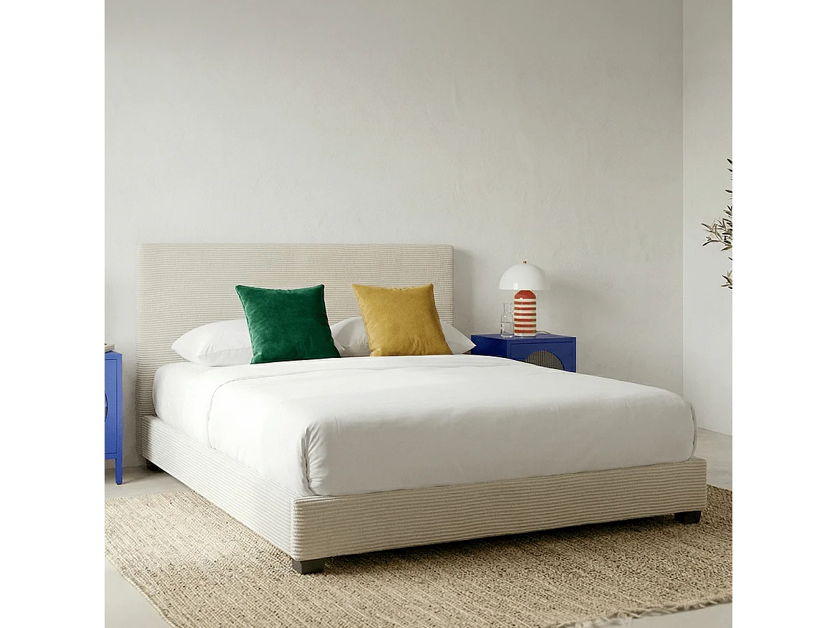 Lit adulte 160x200 cm avec tête de lit capitonnée en velours côtelé beige - William