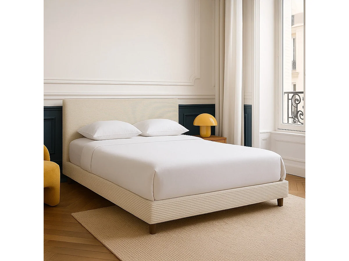 Lit adulte 180x200 cm avec tête de lit capitonnée en velours côtelé beige - William