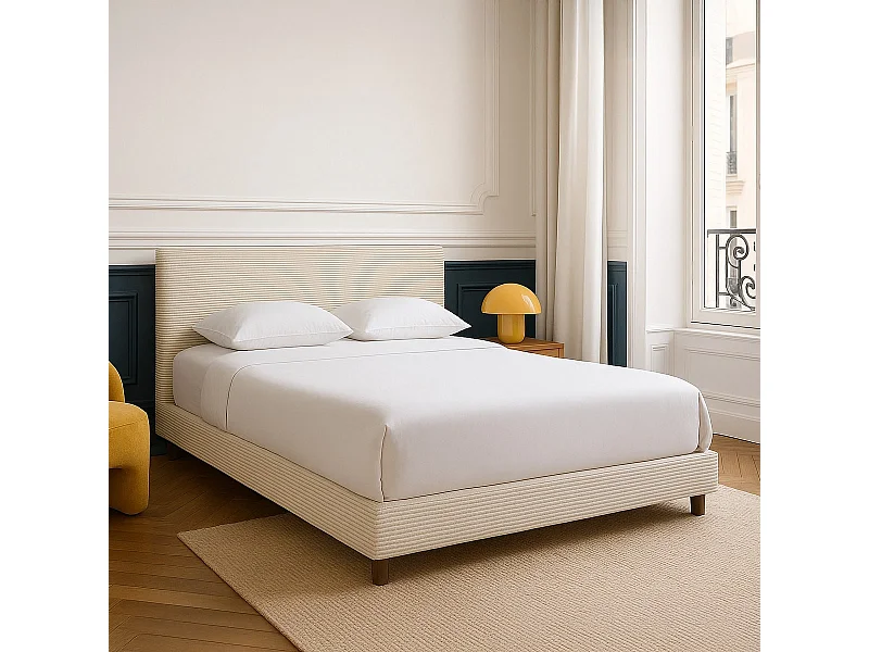 Lit adulte 180x200 cm avec tête de lit capitonnée en velours côtelé beige - William