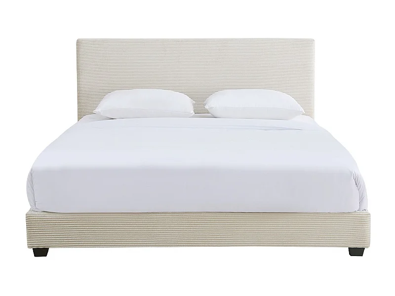 Lit adulte 140x190 cm avec tête de lit capitonnée en velours côtelé beige - William