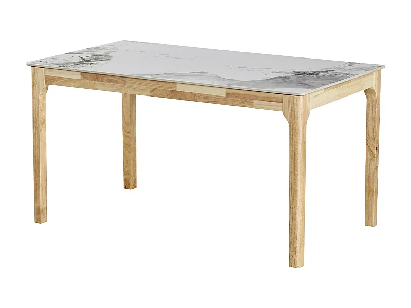 Table à manger en céramique effet pierre blanche 6 personnes, piètement bois 140 cm - Sally