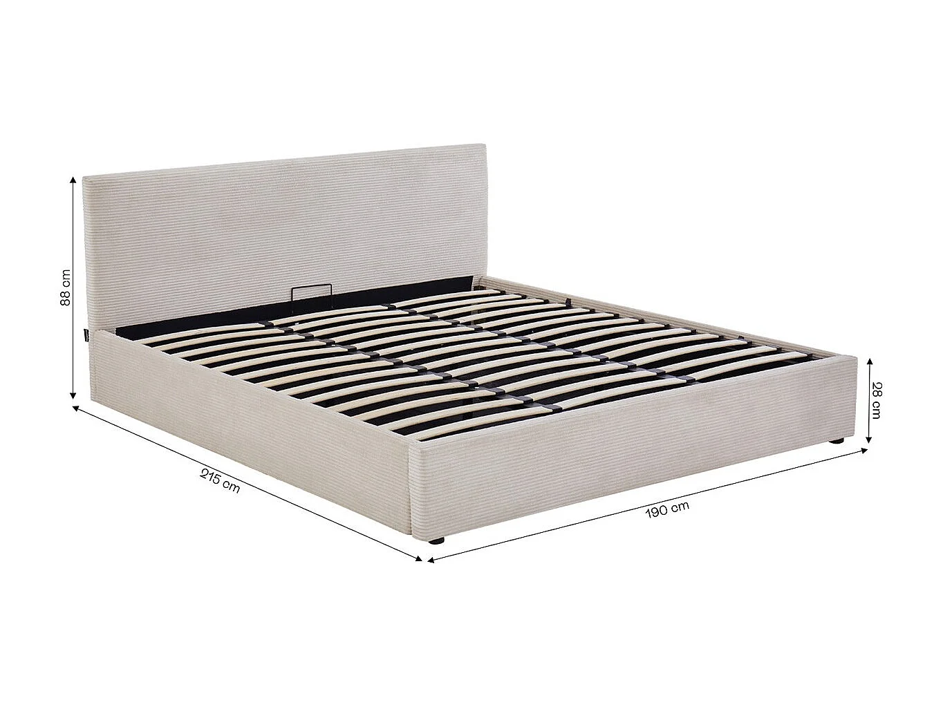 Lit coffre adulte 180x200 cm avec tête de lit matelassée en velours côtelé beige et sommier - Tina