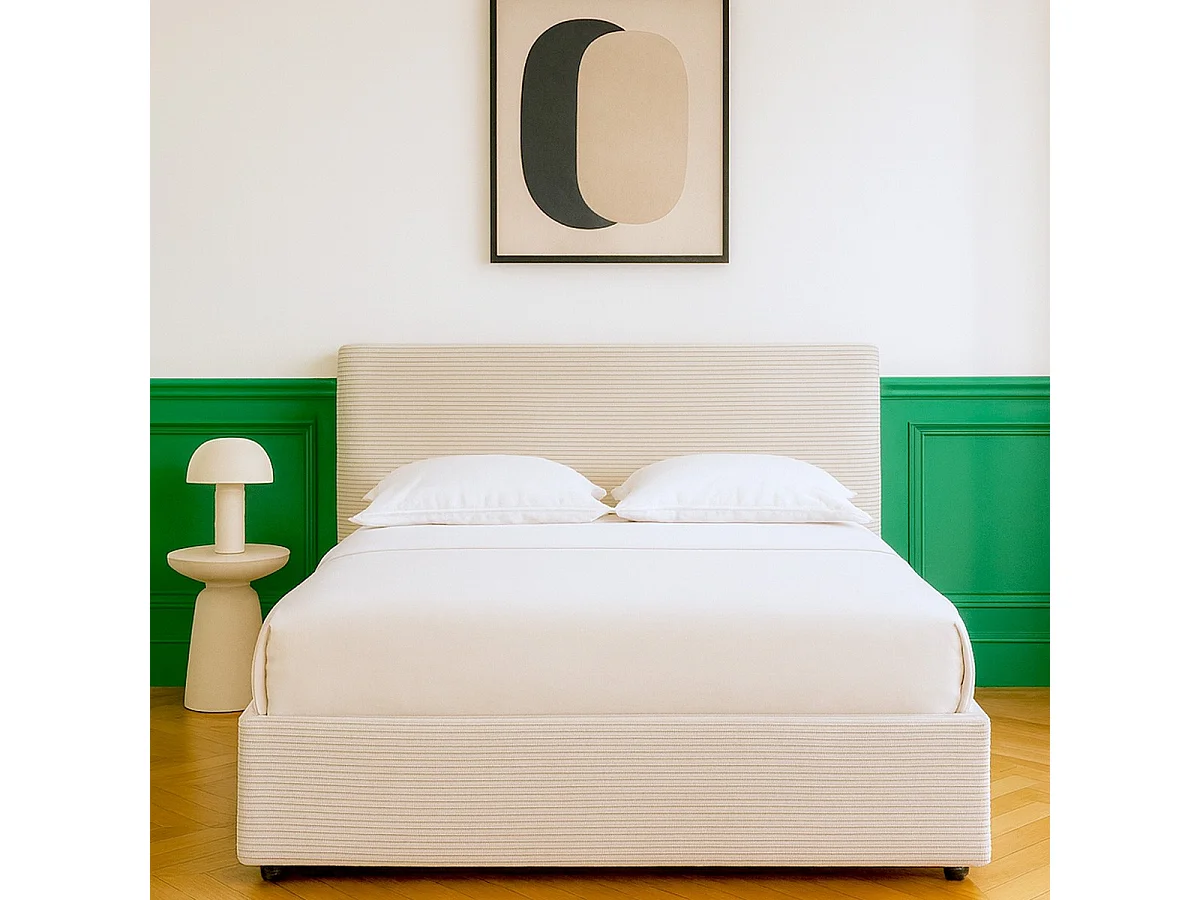 Lit coffre adulte 180x200 cm avec tête de lit matelassée en velours côtelé beige et sommier - Tina