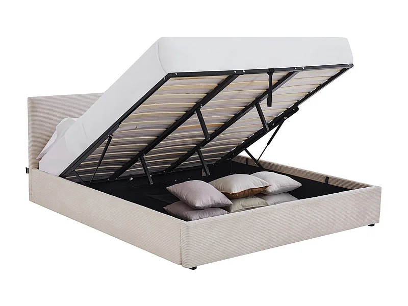 Lit coffre adulte 180x200 cm avec tête de lit matelassée en velours côtelé beige et sommier - Tina