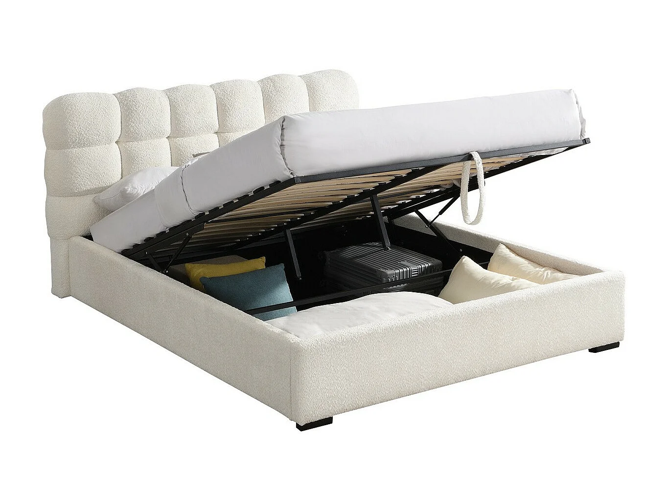 Lit coffre adulte 180x200 cm avec sommier et tête de lit capitonnée en tissu bouclé beige - Lola