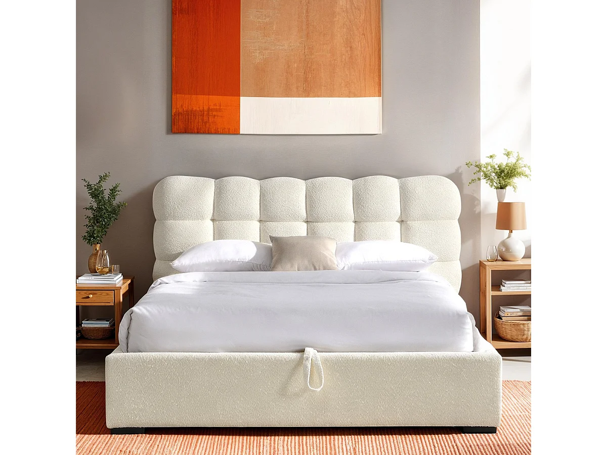 Lit coffre adulte 180x200 cm avec sommier et tête de lit capitonnée en tissu bouclé beige - Lola