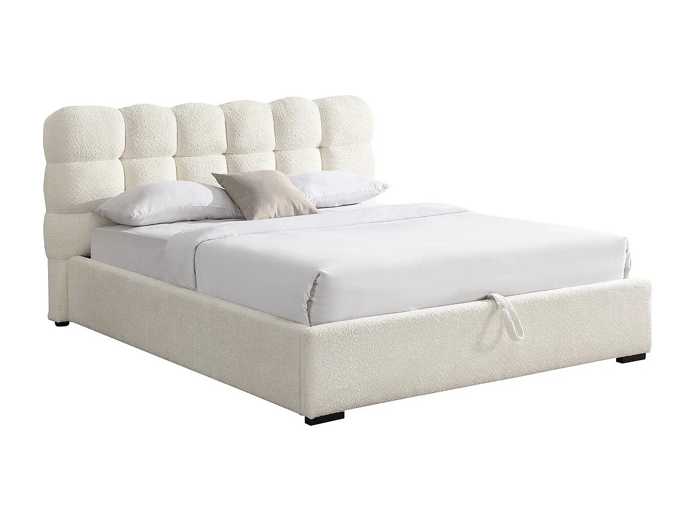 Lit coffre adulte 180x200 cm avec sommier et tête de lit capitonnée en tissu bouclé beige - Lola