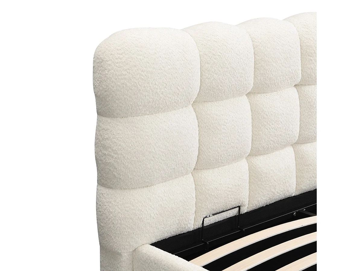 Lit coffre adulte 180x200 cm avec sommier et tête de lit capitonnée en tissu bouclé beige - Lola