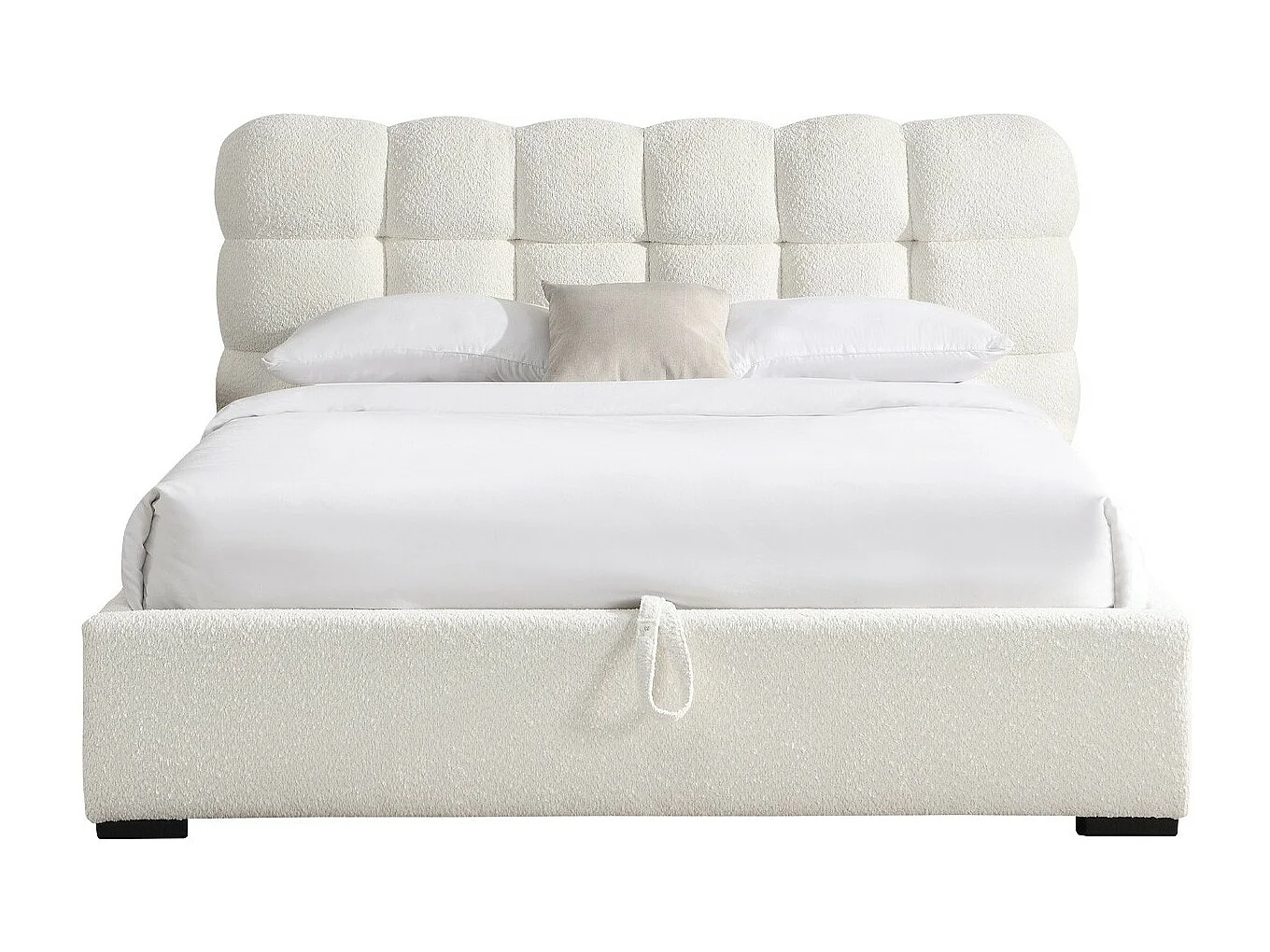 Lit coffre adulte 180x200 cm avec sommier et tête de lit capitonnée en tissu bouclé beige - Lola