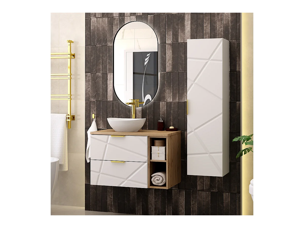 Ensemble meuble simple vasque 80cm 2 niches et colonne Aurora Blanc et Bois