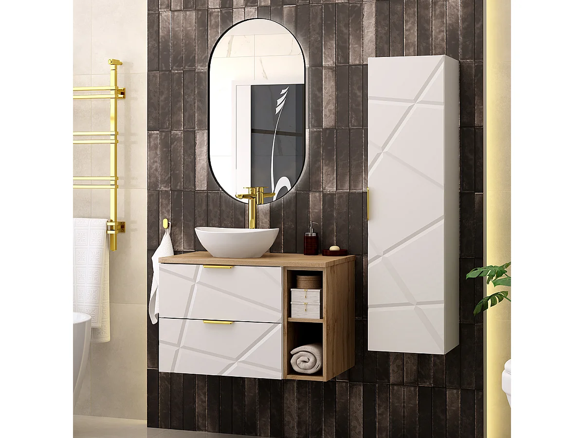 Ensemble meuble simple vasque 80cm 2 niches et colonne Aurora Blanc et Bois