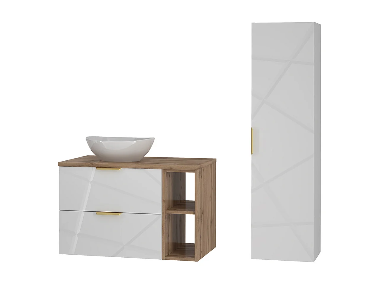 Ensemble meuble simple vasque 80cm 2 niches et colonne Aurora Blanc et Bois