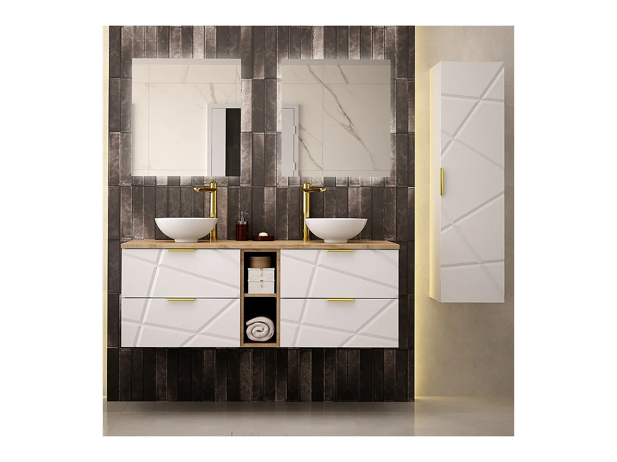 Ensemble meuble double vasque 140cm 2 niches et colonne Aurora Blanc et Bois