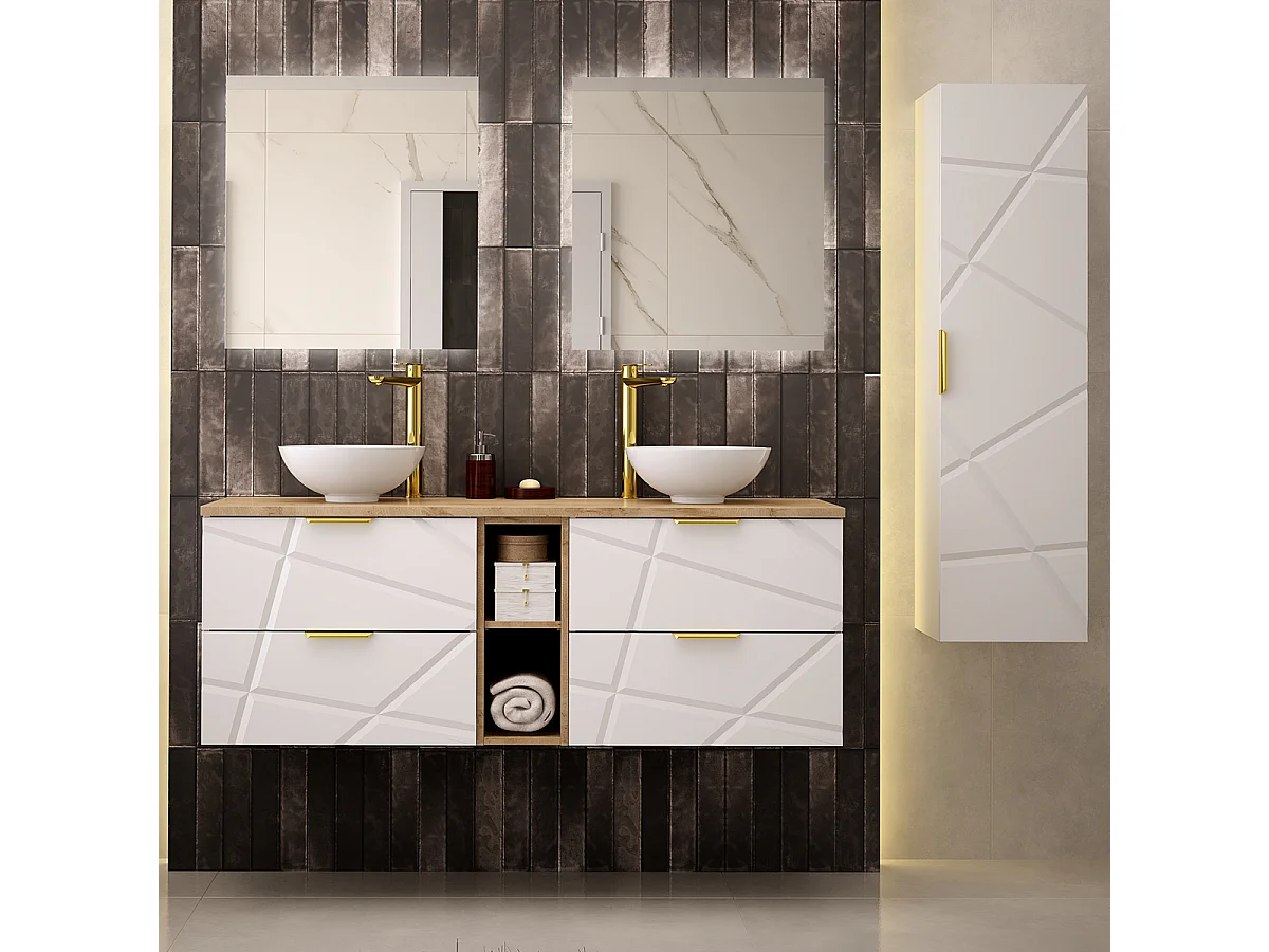 Ensemble meuble double vasque 140cm 2 niches et colonne Aurora Blanc et Bois