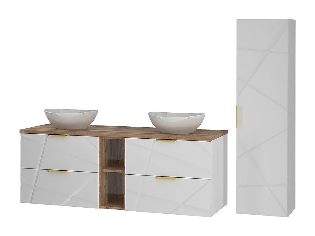 Ensemble meuble double vasque 140cm 2 niches et colonne Aurora Blanc et Bois