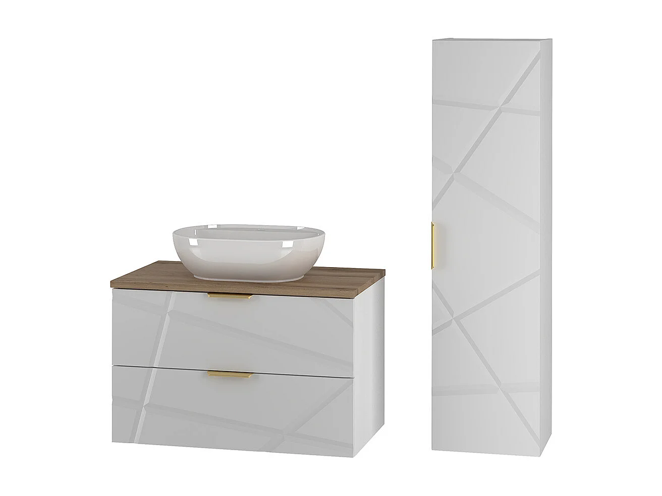 Set aus Einzelwaschtisch 80cm und Säule Aurora Weiß und Holz