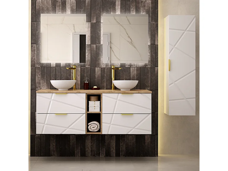 Einzelwaschtisch 140cm 2 Nischen Aurora Weiß und Holz