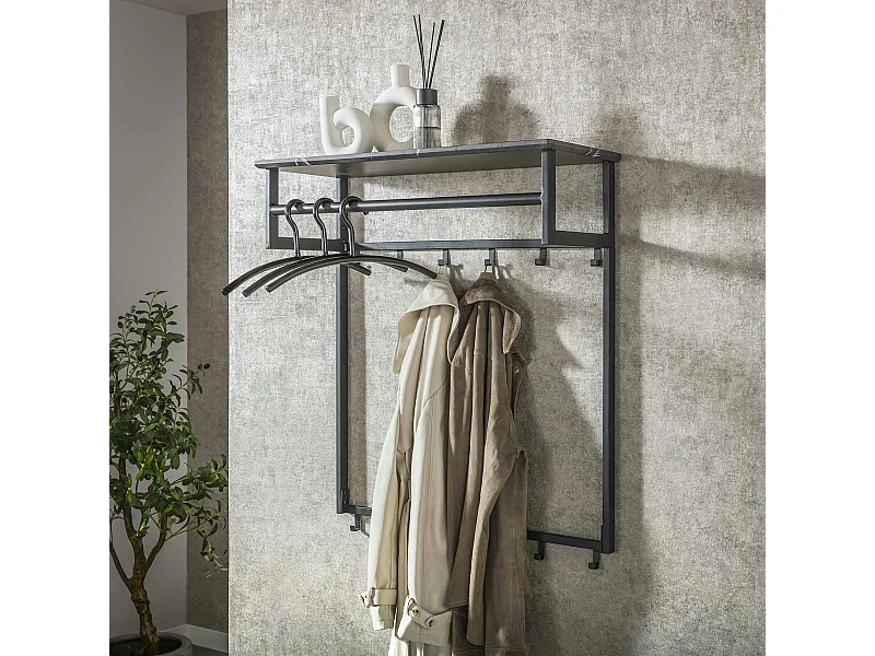 Portemanteau mural moderne 1 étagère effet céramique et 12 crochets RALF