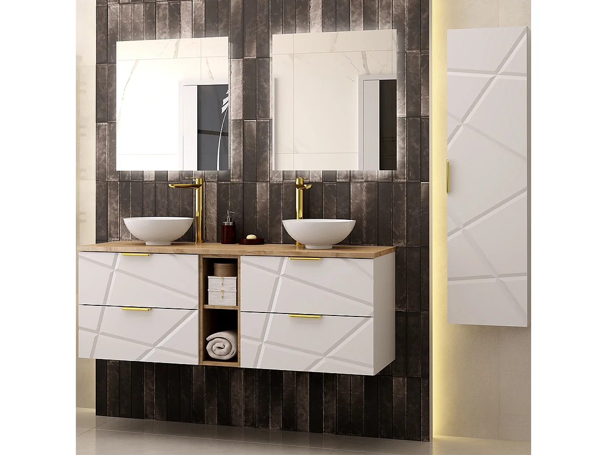 Meuble sous-vasque 140cm 2 niches plan de toilette Aurora Blanc et Bois