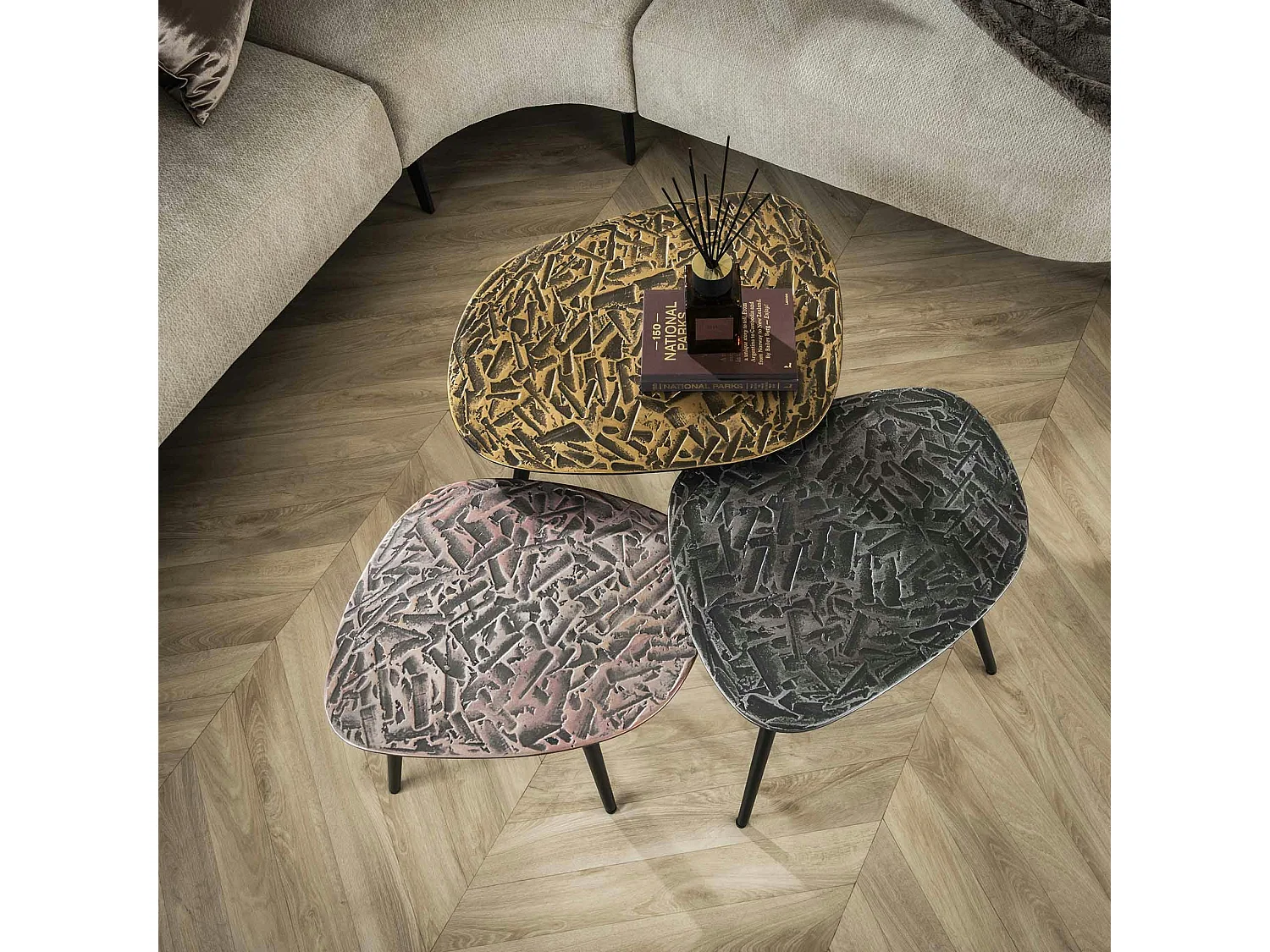 Table de salon gigogne finition argent, cuivre et or (lot de 3) RALF