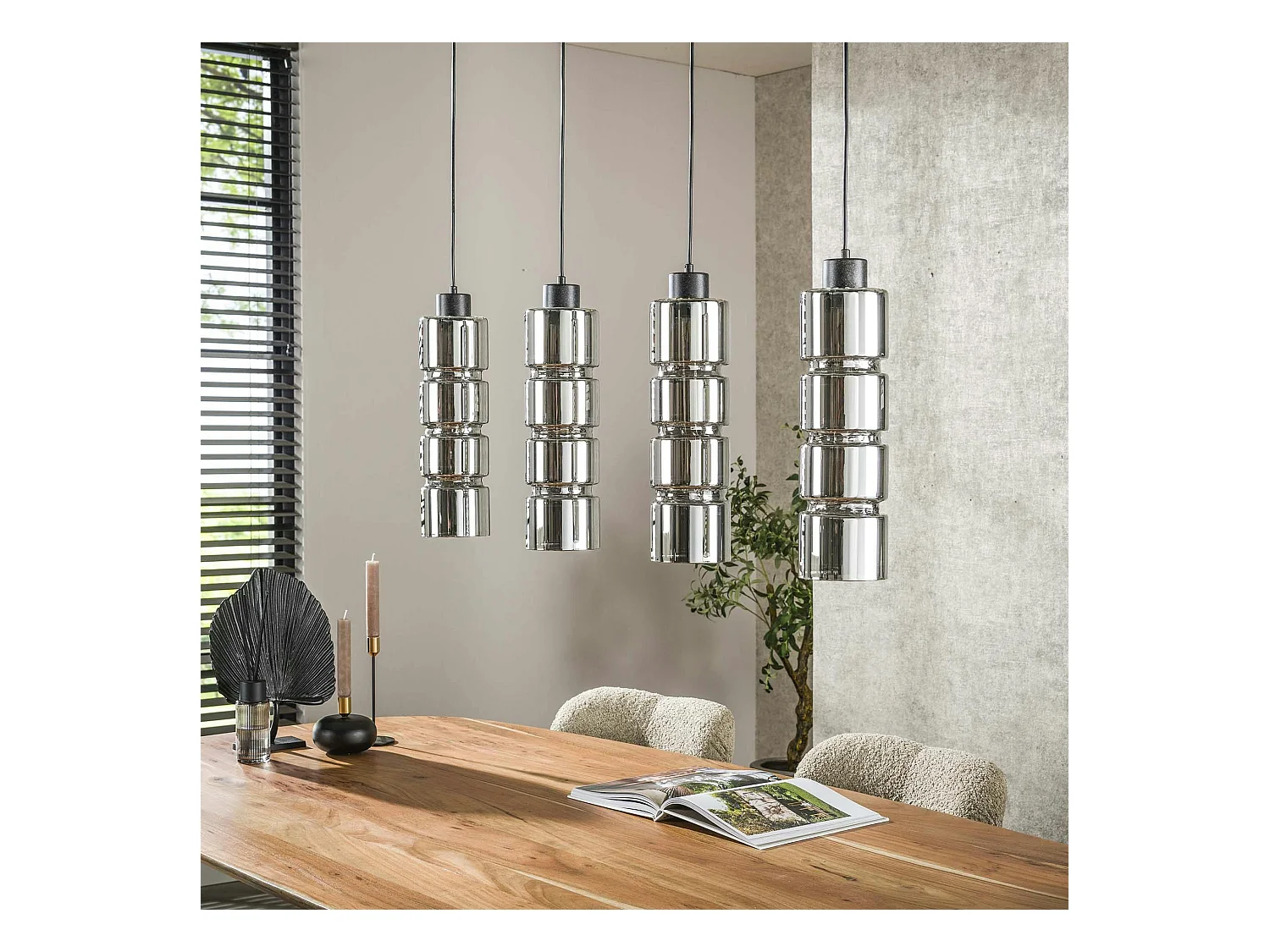 Suspension design en verre chromé 4 abat-jour cylindriques RALF