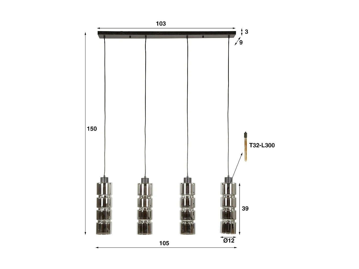 Suspension design en verre chromé 4 abat-jour cylindriques RALF