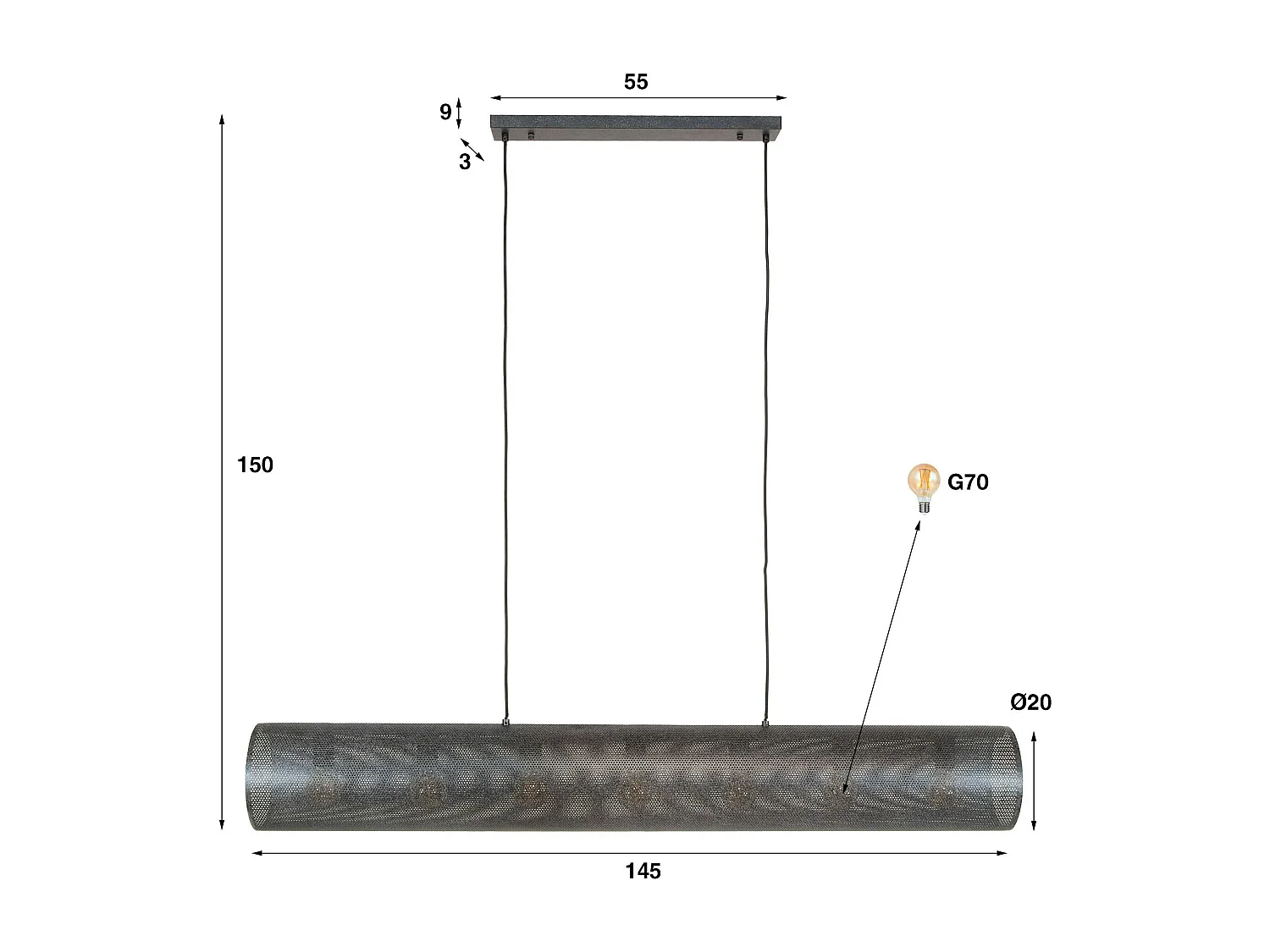Suspension tube en métal noir perforé 7 lampes RALF