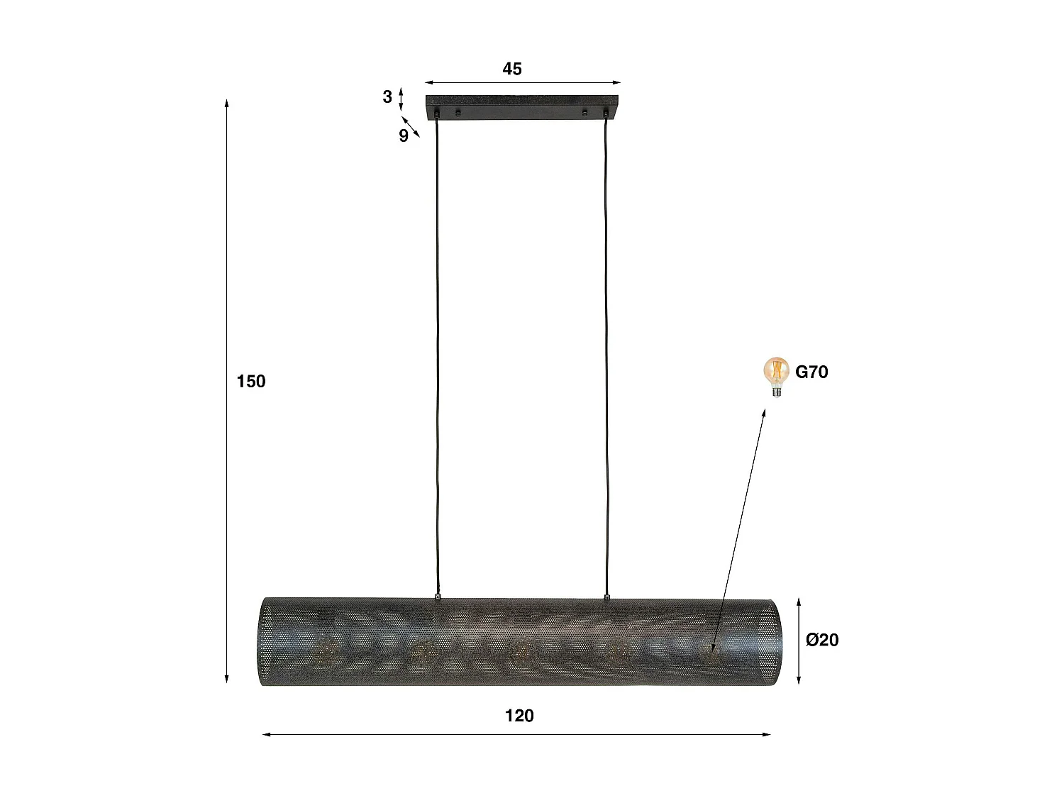 Suspension tube en métal noir perforé 5 lampes RALF