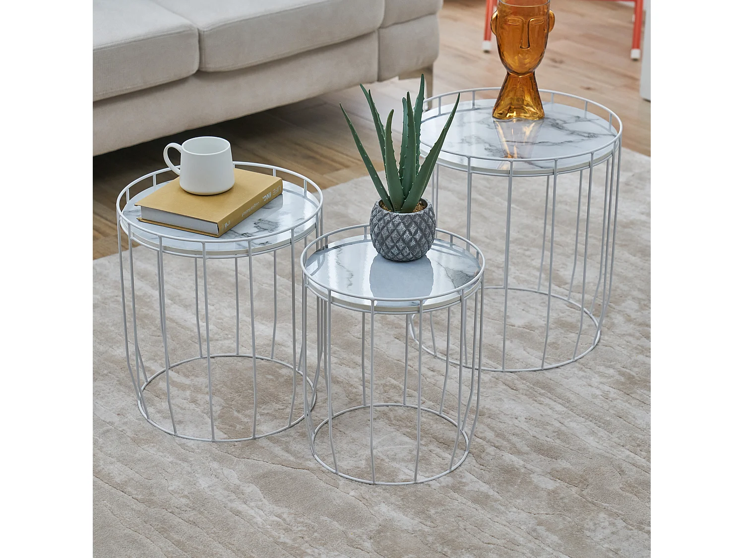 PASI Lot de 3 Tables d'appoint Tables basses Rondes Blanches